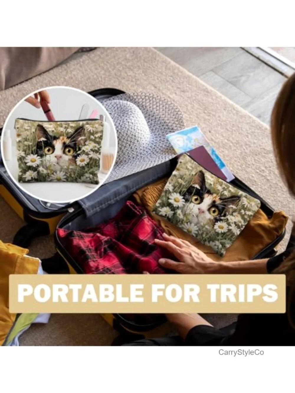 Cat Floral Makeup Bag for Women, Linen Travel Toiletry Pouch Zipper